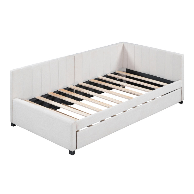 Upholstered Twin Daybed Frame With Trundle Sofa Bed Frame Linen Fabric Bed Frame, Beige, Queen