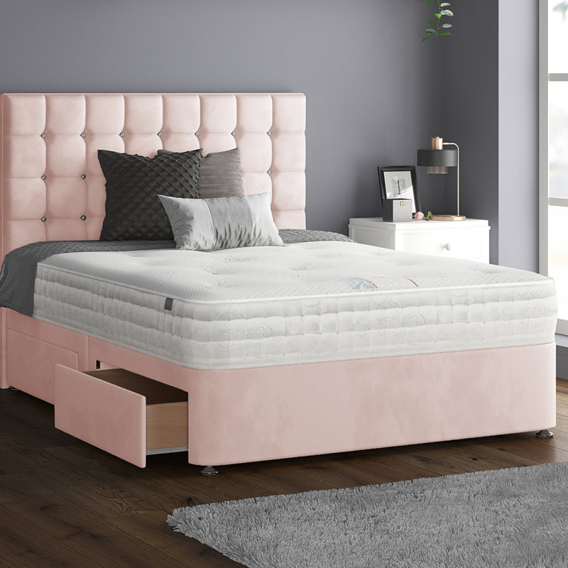 Galarza Upholstered Divan Bed, Single (3'), Pink, 2 Left Drawers