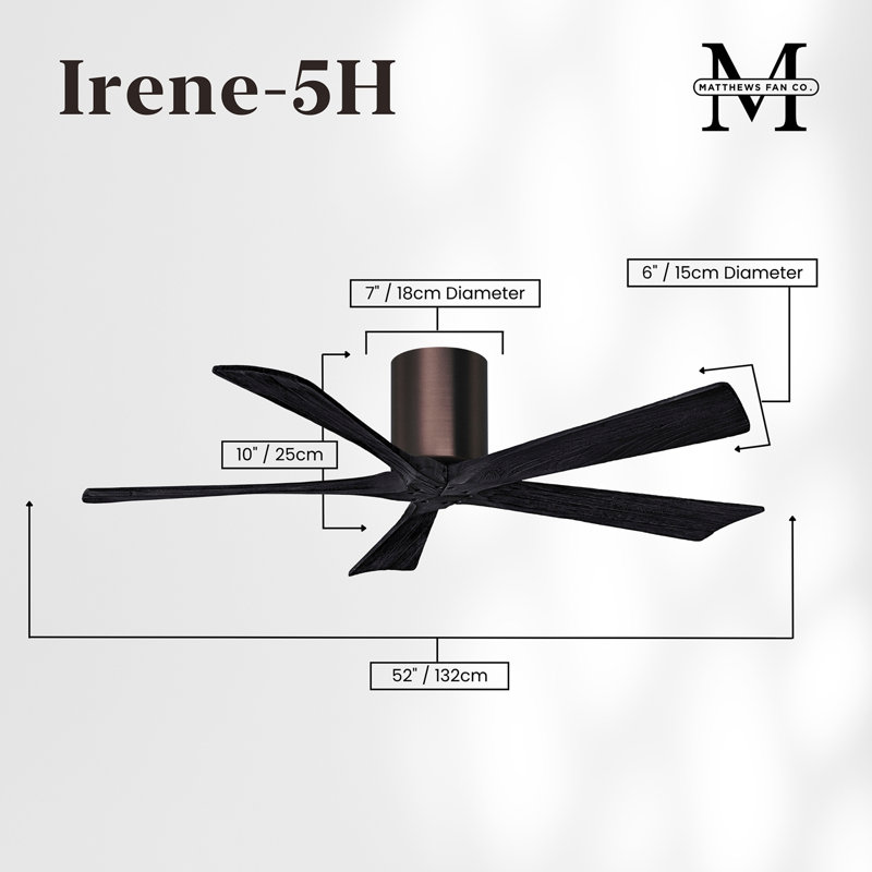 60" Irene 5-Blade Hugger Ceiling Fan with Wall Remote, Brushed Bronze, Matte Black, 52"
