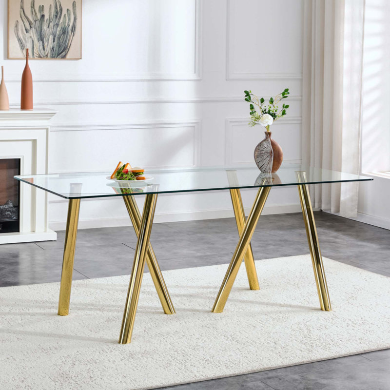 Table de salle à manger en verre trempé avec pieds robustes en métal, Argent argent, H 30 po x L 71 po x l 35,5 po