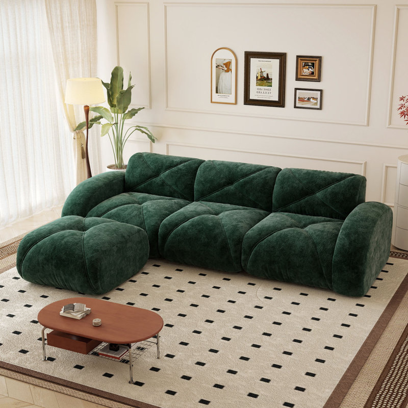 Canapé modulaire touffeté et désossé 110 pièces l 110 po avec repose-pieds mobile, Green Velvet, 110.6"W x 29.9"H x 67.3"D