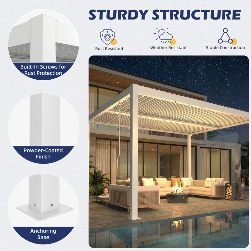 Aluminum Outdoor Louvered Pergola, Gazebo with Adjustable Waterproof Roof & Integrated Drainage for Patio, Deck & Hot Tub