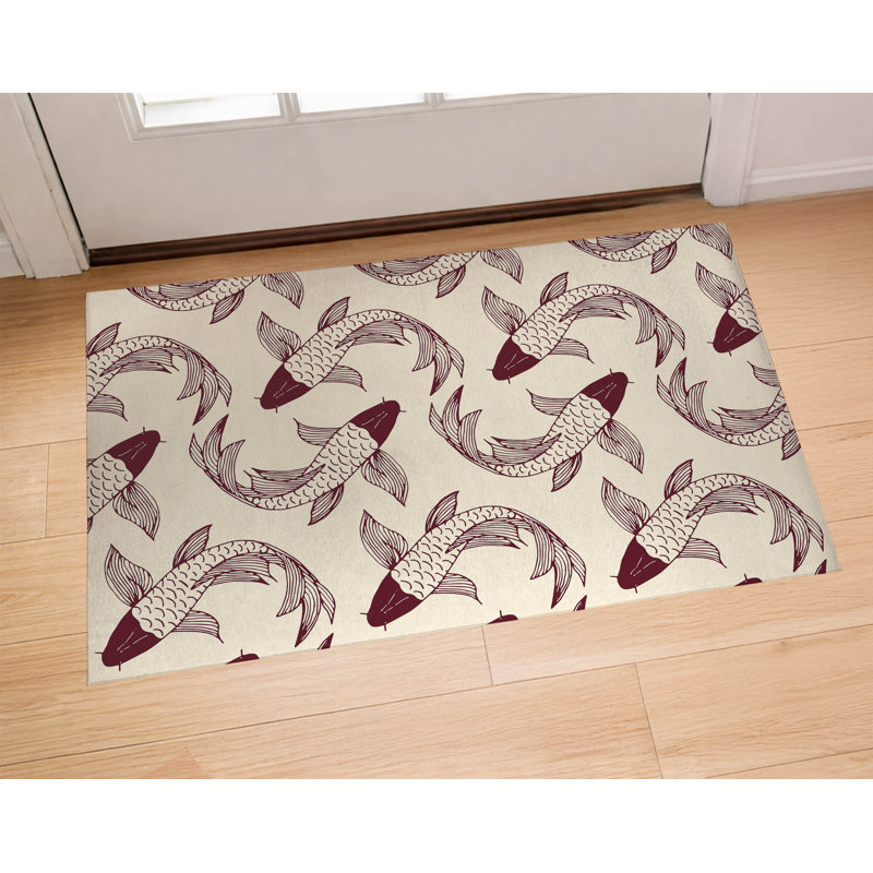 Tapis d'entrée intérieur mince, léger et antidérapant à motif de carpes koï, Vin, L 36 po x L 60 po