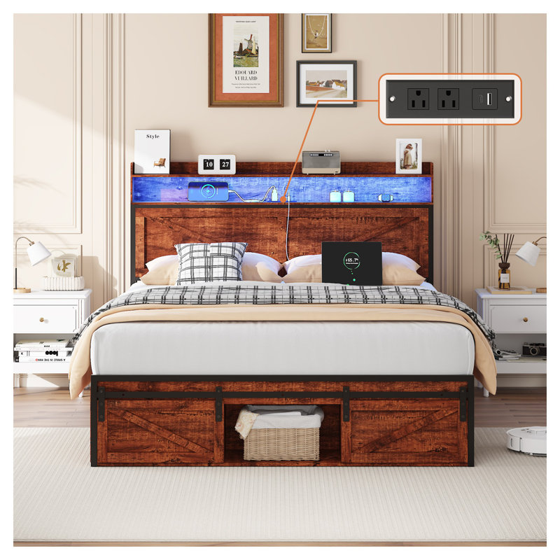 Base de lit double avec tête et pied de lit avec rangement, cadre de lit à DEL avec station de charge, lit plateforme en métal sans bruit avec support à lattes robuste - aucun sommier nécessaire, brun