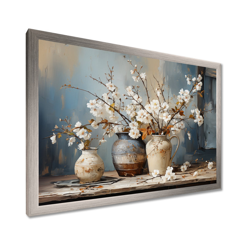 Art mural de poterie et de fleurs nature morte I, H 30 po x l 40 po, Cadre simple noir, Argent argent