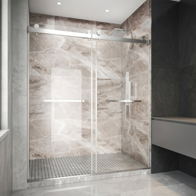 Porte de douche coulissante double sans cadre de 56 à 60 po x H 76 po avec verre trempé de 3/8 po et nickel brossé