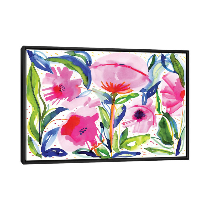 Coquelicots roses - reproduction d'art sur toile, H 18 po x l 26 po x P 1,5 po, Toile avec cadre noir, Pas de tapis