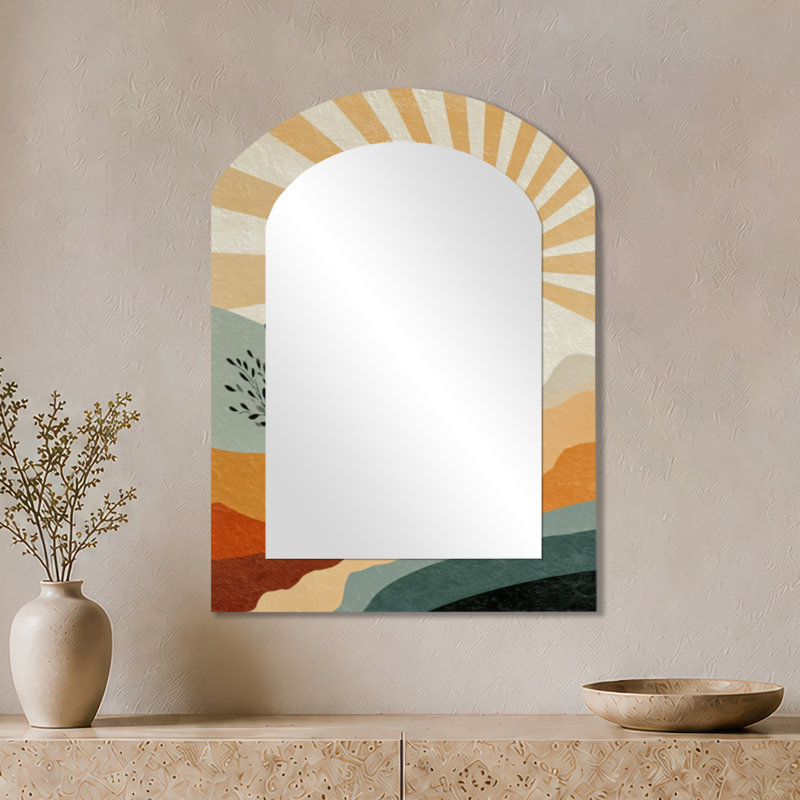 Miroir d'appoint Minimalist Arch - Orange and Black Boho Desert Retreat, impression sur métal, 34" x 25"