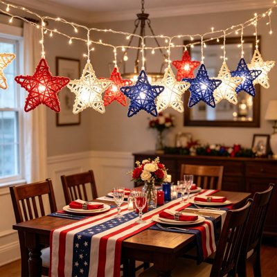 Woven Rattan Star Decorative Lights  LED Independence Day Star String Lights Featuring Red White And Blue Rattan Balls And  Accents