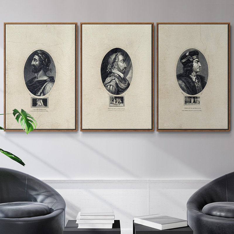 Royal Portraits I, ensemble de 3 toiles encadrées, Noyer, H 27 po x l 54 po