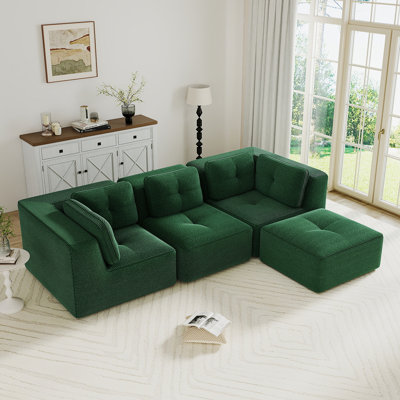 Canapé modulaire moderne pour le salon, tissu en velours côtelé, canapé 3 places avec assise profonde et repose-pieds mobile, passepoil perlé, conception capitonnée, sans assemblage, conception antidérapante