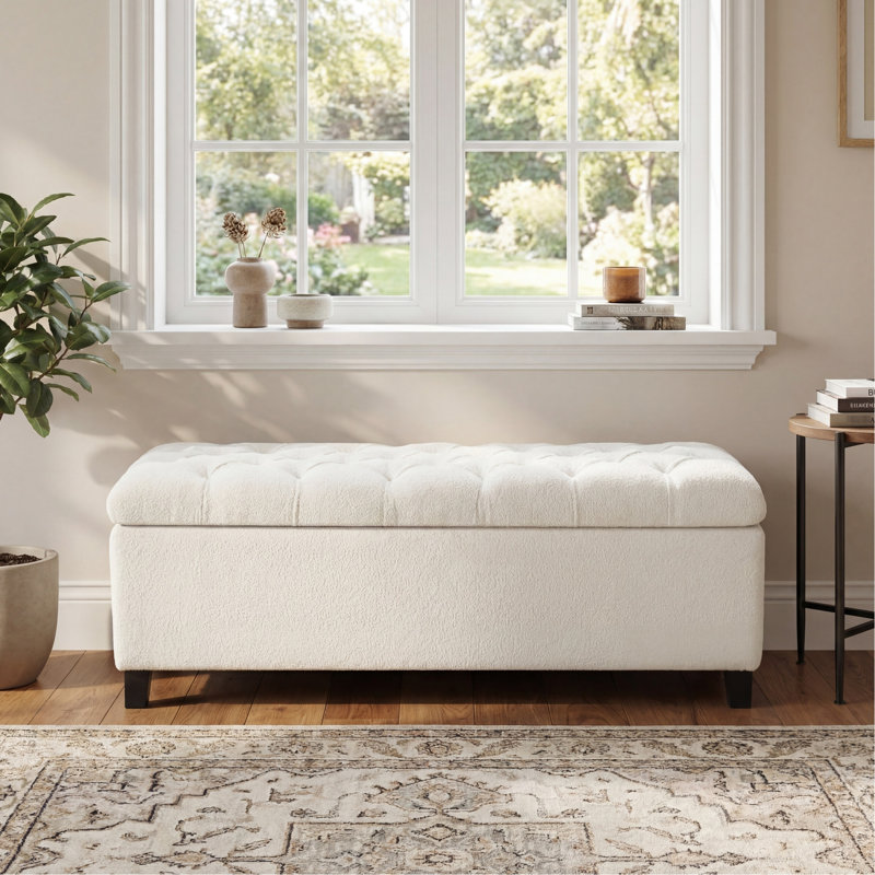 Rangement avec surface bouclée blanche, pieds en bois d'hévéa, capacité de 300 lb, charnières à fermeture douce, idéal pour le rangement de banc de décoration de chambre à coucher, finition, capitonnage,