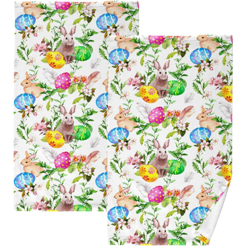 Easter Towels Cotton Hand Towels, Easter Bunny Eggs In Grass Flowers Ultra Soft Highly Absorbent Towels For Bathroom Pack Of 2