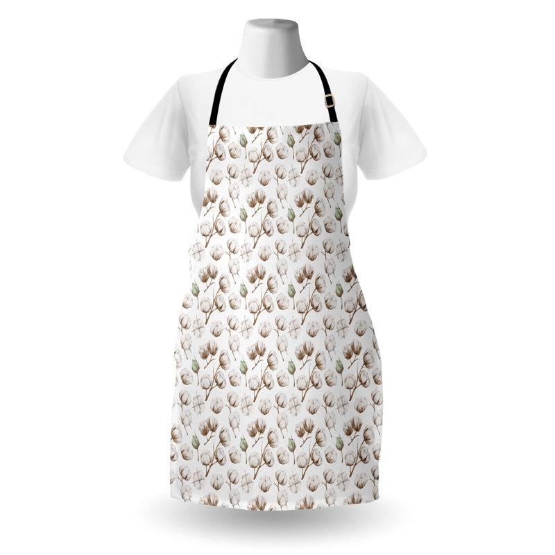 Bungalow tablier botanique rose avec branches de coton unisexes, taille adulte vert pâle et gris