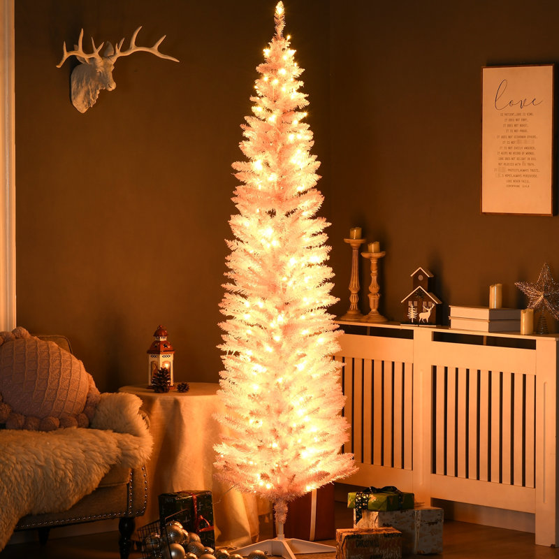 Grand sapin de Noël rose de 7 pi avec branches ignifuges, 200 lumières DEL blanc chaud et base à basse consommation artificielle à installation rapide, 499 pointes