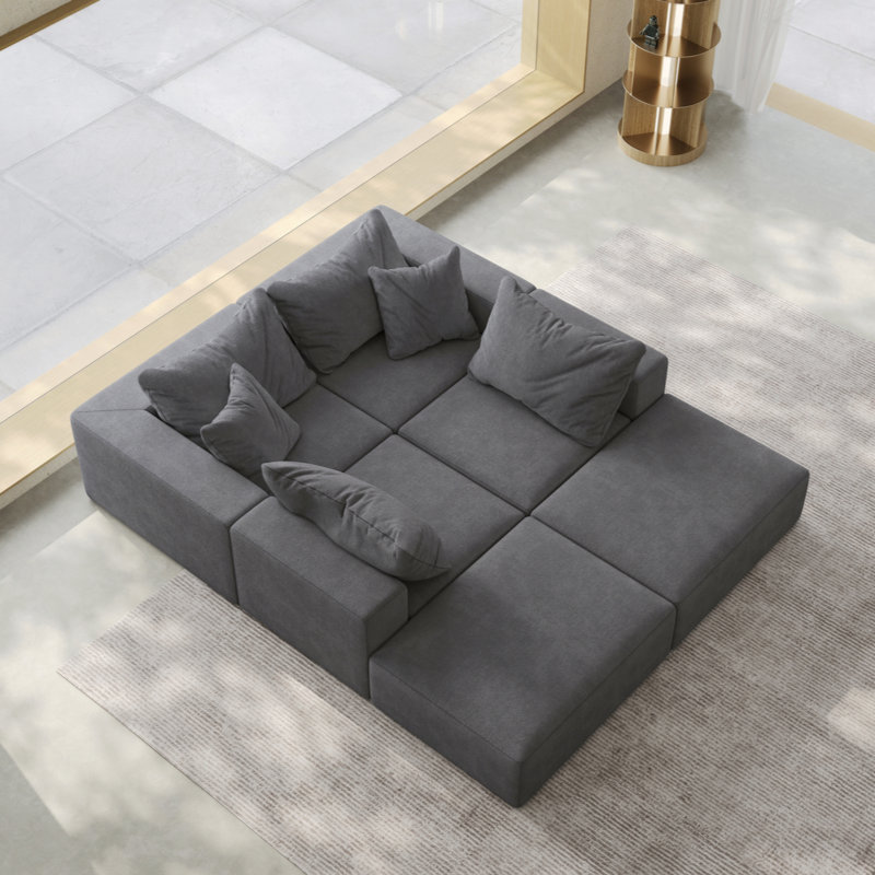 Ciriaca Boneless L Shaped Chenille Upholstered Sectional Sofa with 6 Pillows, Gray Chenille