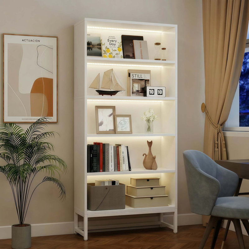 Tall Bookcase with Adjustable LED Lighting and Heavy Duty Storage, White