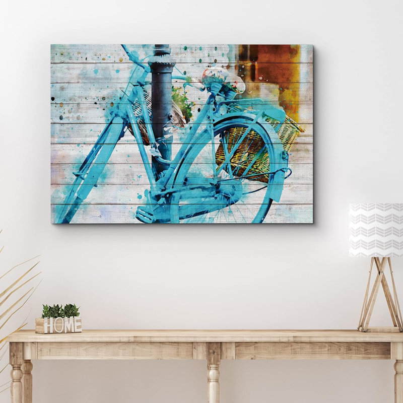 Aquarelle bleu rétro vélo transport bicyclettes effet bois panneaux art pastel rustique, H 16 po x l 24 po