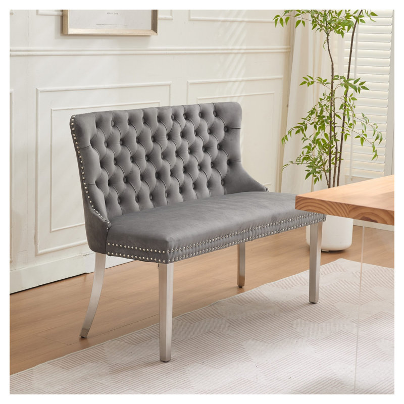 Banc de causeuse double en velours gris avec pieds en acier inoxydable argenté brossé, siège pour îlot de cuisine pour deux