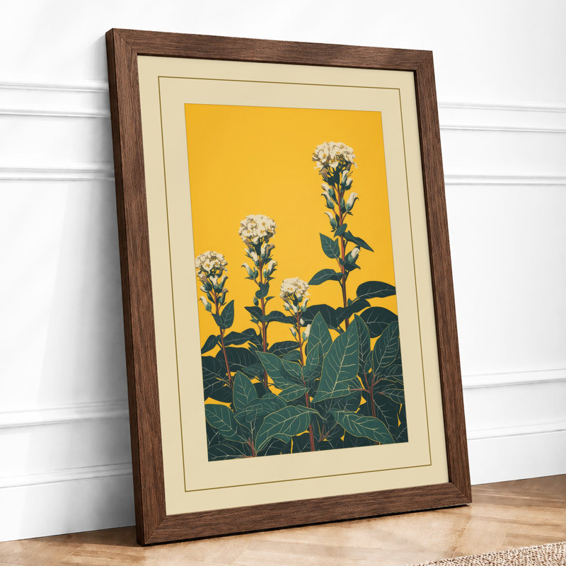 White Blooms In Gold Botanical - Print, Walnut, A3 - 42.0 x 29.7 cm