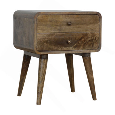 Table de chevet courbée gris classique courbé, 2 tiroirs, pieds nordiques, brun