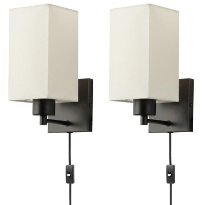 Plug In Wall Sconce Set Of 2, Rustic Wall Lamp With Plug-In Cord And On/Off Toggle Switch, Beige Fabric Shade Wall Light Fixture