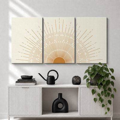 Bright Mid-Century Modern Orange Minimal Sun ShineArt Boho Decor Framed Canvas 3 Pieces Print Set