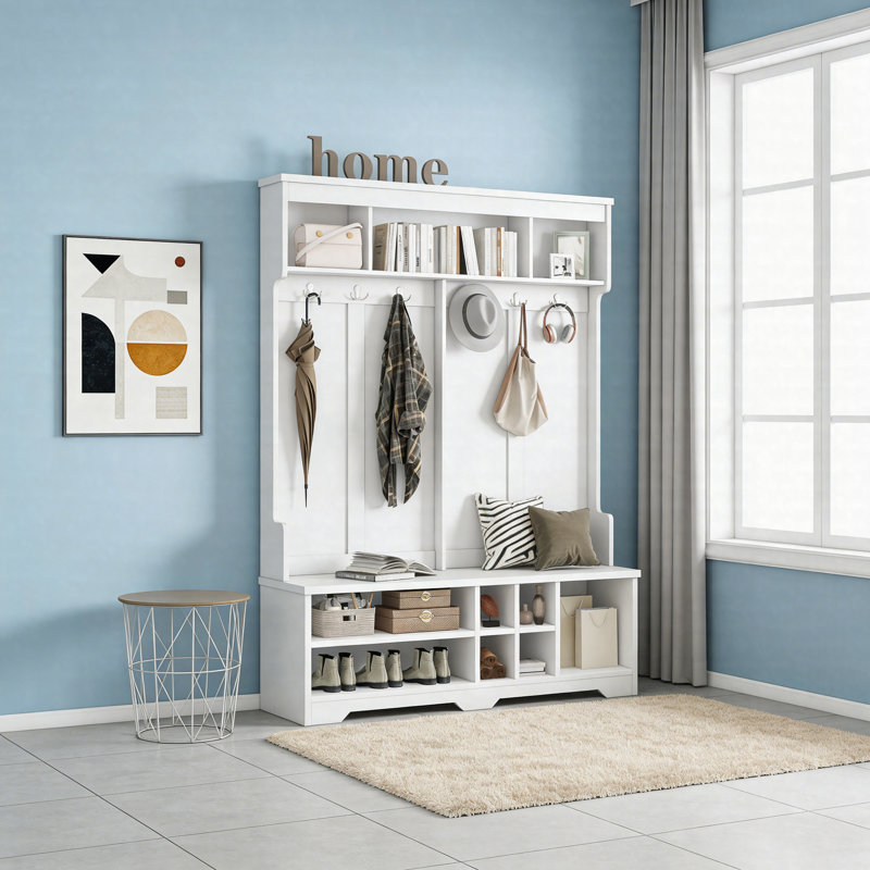Modern Hall Tree With Bench, Metal Hooks & Shoe Storage – Multi-Functional Entryway Coat Rack With Cubbies, White