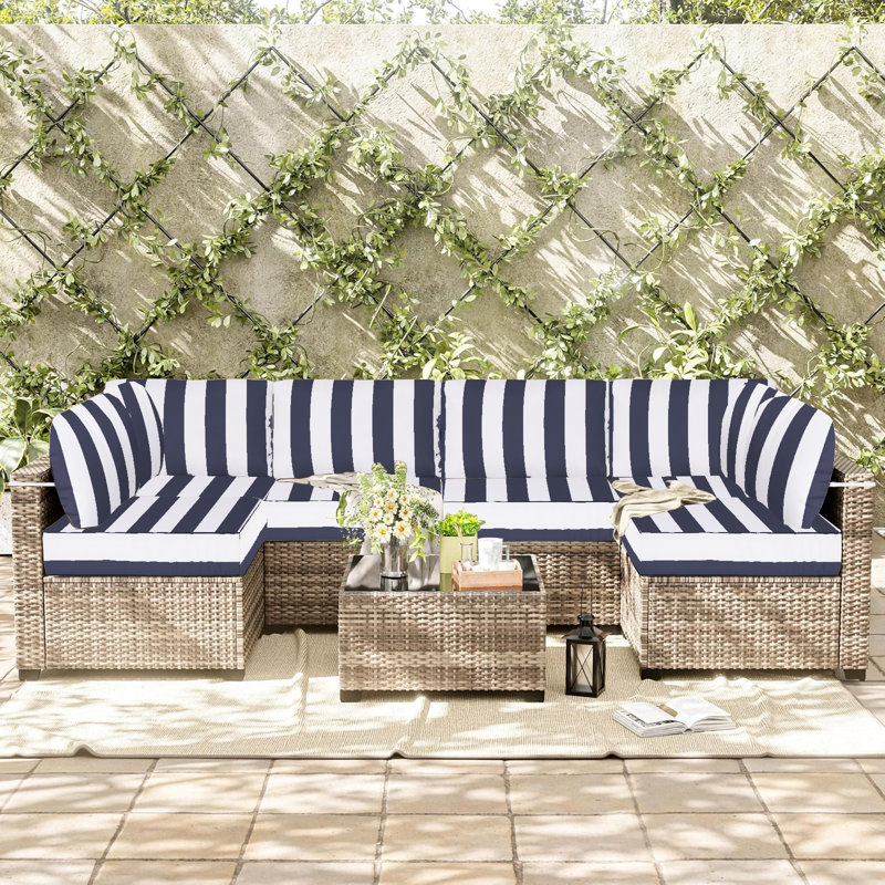 14 Piece Outdoor Sectional Cushions, 4"water-resistant Outdoor Sofa Cushions Replacement, Navy Blue/White Striped