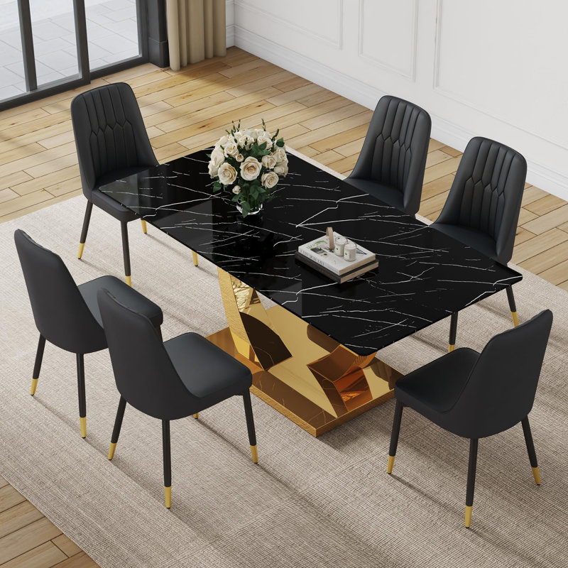Ensemble de table de salle à manger 71 ", plateau en verre trempé avec pieds en métal, 7 pièces : table, 6 chaises, Noir