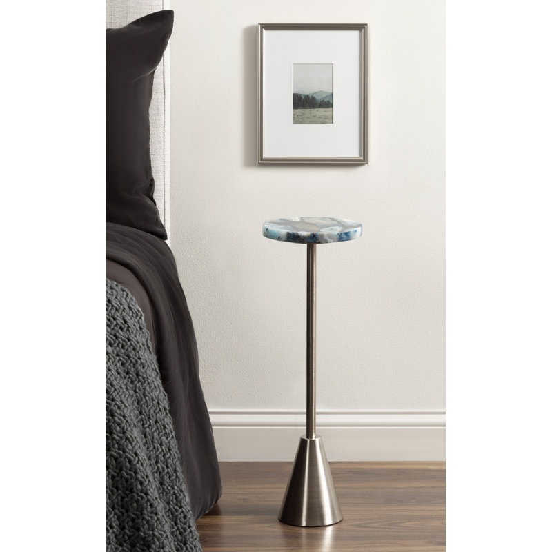 Table ronde en métal et pierre, Bleu, Argent