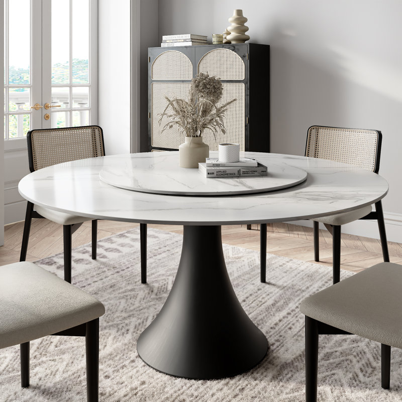 Table de salle à manger ronde en bois fritté brillant, H 29,52 po x L 53,15 po x l 53,15 po, Blanc / Gris