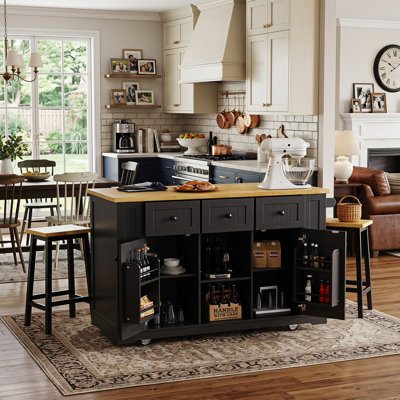 53" Spacious Rolling Island  2-stool Bar Combo, Electrical Outlet, Inner-door Organizer Rack, 5-wheel Mobility, Flip-up Extension Wing, Quintuple Sid
