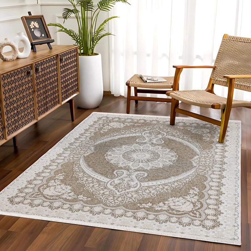 Tapis crème oriental tissé antidérapant à imprimé numérique lavable à la machine