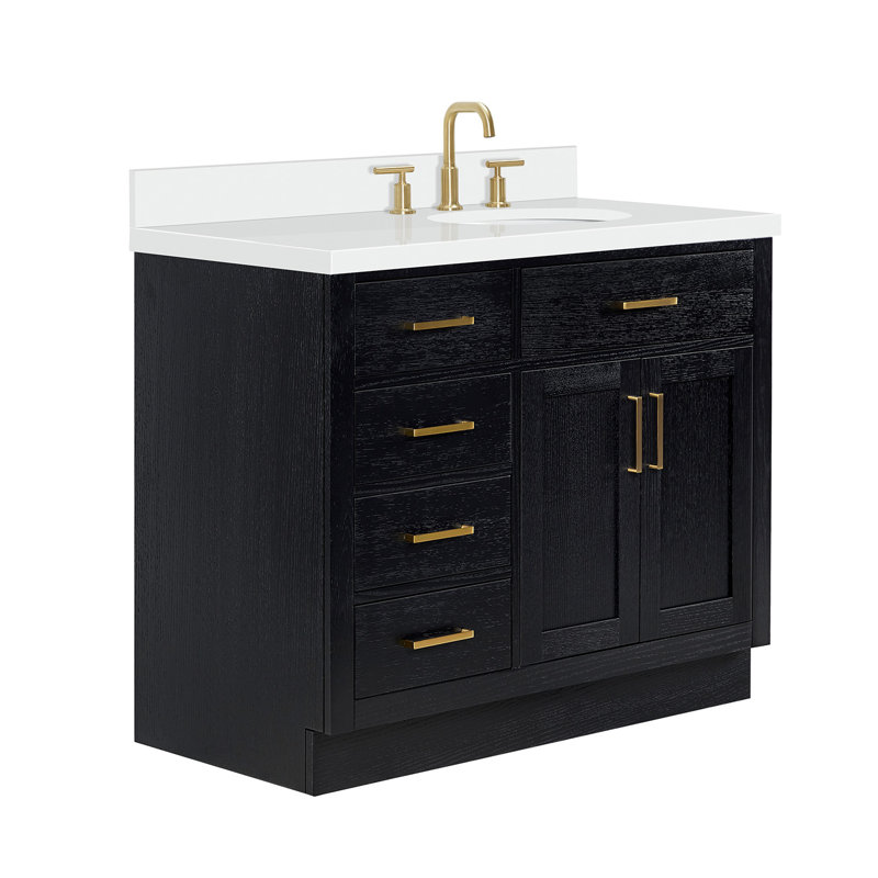 Meuble-lavabo simple en bois massif 42 po Tidworth avec plateau en quartz blanc 1,5 po, Oui, Ovale, Chêne noir