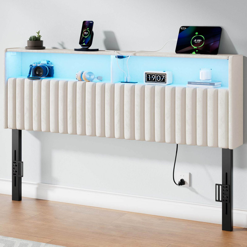 Tête de lit tapissier avec lumières DEL et station de charge Berte, Simple, Velours blanc