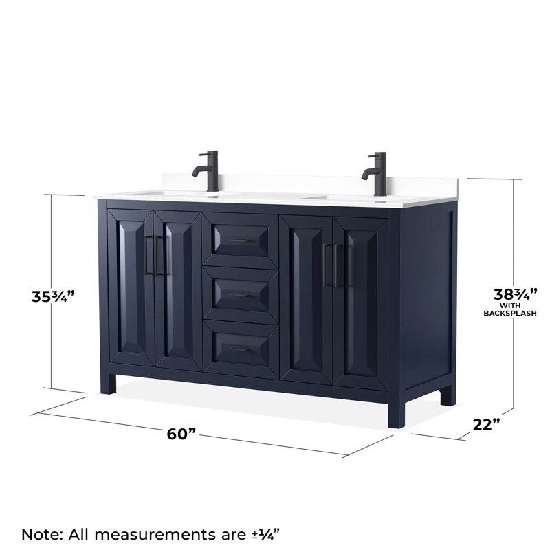 Daria 60'' Double Bathroom Vanity with Carrara Marble Top, Dark Blue, White Cultured Marble, Matte Black