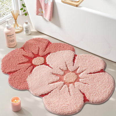 Flower Bathroom Rug, Absorbent Non Slip Bath Mat, 24"x36", Pink Flower，Funny Soft Plush Microfiber Rug, Quick Dry, Washable Cute Pink Bath Mats for Shower Floor, Sink Bathtub, Bedroom, Kids Room