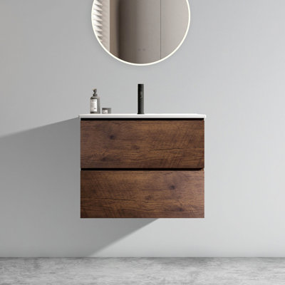 Meuble-lavabo moderne en noyer de 61 cm (24 po) - Grand espace de rangement, tiroirs silencieux, lavabo en céramique, robinet monotrou. Design tendance et spacieux.