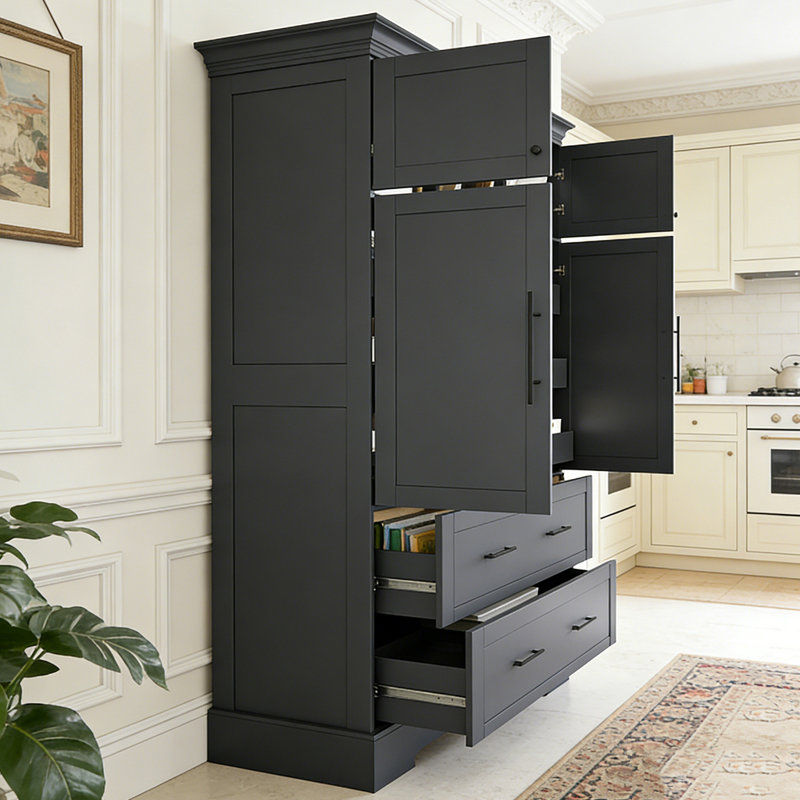 Armoire de rangement 72,6 po, 4 portes avec plateaux coulissants, tiroirs et rangement pour moule à gâteau, Gris
