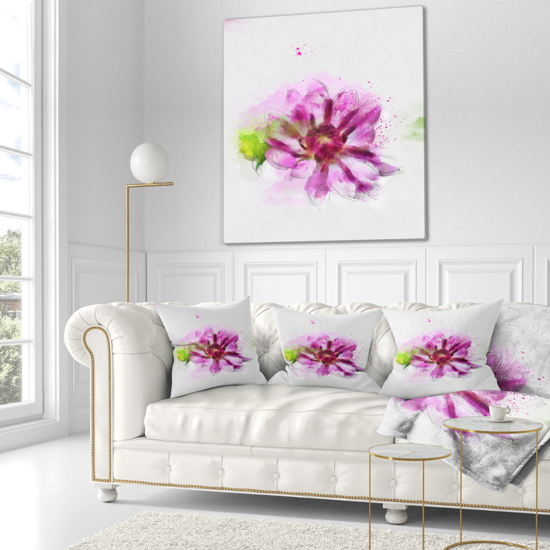 Fleur mauve avec feuilles vertes - coussin à imprimé floral, 16 po x 1 po, Coussin décoratif