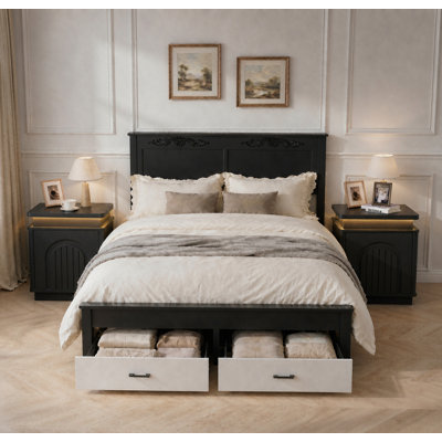 Ensemble de chambre à coucher 3 pièces, grand lit plateforme tapissier en métal avec tête de lit à rangement et 4 tiroirs + 2 tables de chevet à DEL avec 2 tiroirs