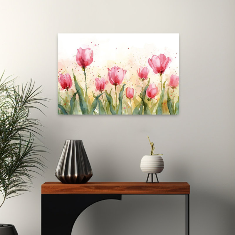 «Rose», aquarelle rose, tulipes sereines délicates, art mural, H 16 po x l 24 po