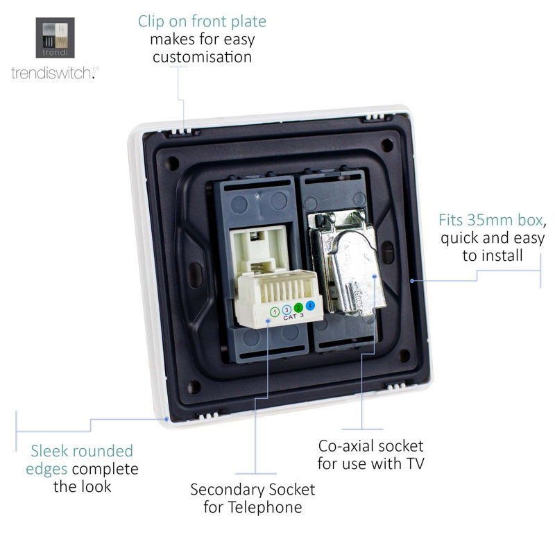 Trendi Switch 2 Gang Female TV Co-Axial & Telephone Sockets, Copper