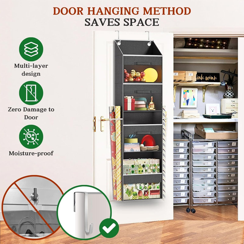 Rangement à suspendre au-dessus de la porte avec 3 tiroirs amovibles et poches latérales - Conception à double usage avec sangles élastiques - Rangement de papier cadeau pour rubans, boucles, ornements et autres outils