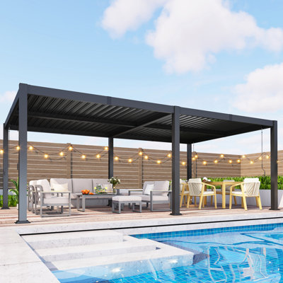12' x 20' Outdoor Pergola with Adjustable Louvers & Hidden Drainage, Heavy-Duty Metal Louvered Pergola for Backyard, Poolside