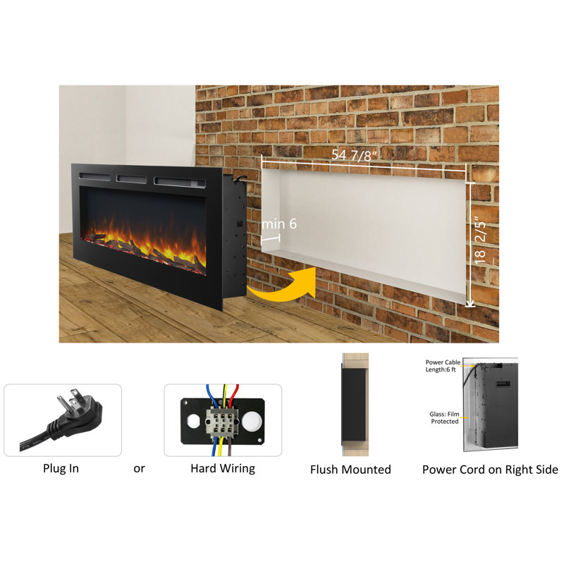 Alice 60 Inches Recessed Electric Fireplace, Flush Mounted for 2 X 6 Stud, Log Set & Crystal, 1500W Heater, Remote Control, Black