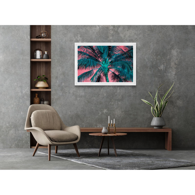 Palmier tropical en rose et bleu, H 29 po x l 42 po x P 1,5 po, Cadre blanc