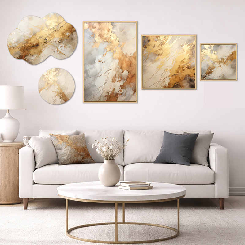 «Beige & Gold Marble Lightning II», ensemble de 5 grandes reproductions d'art mural, en métal et sur toile abstraite (100 po x 40 po)