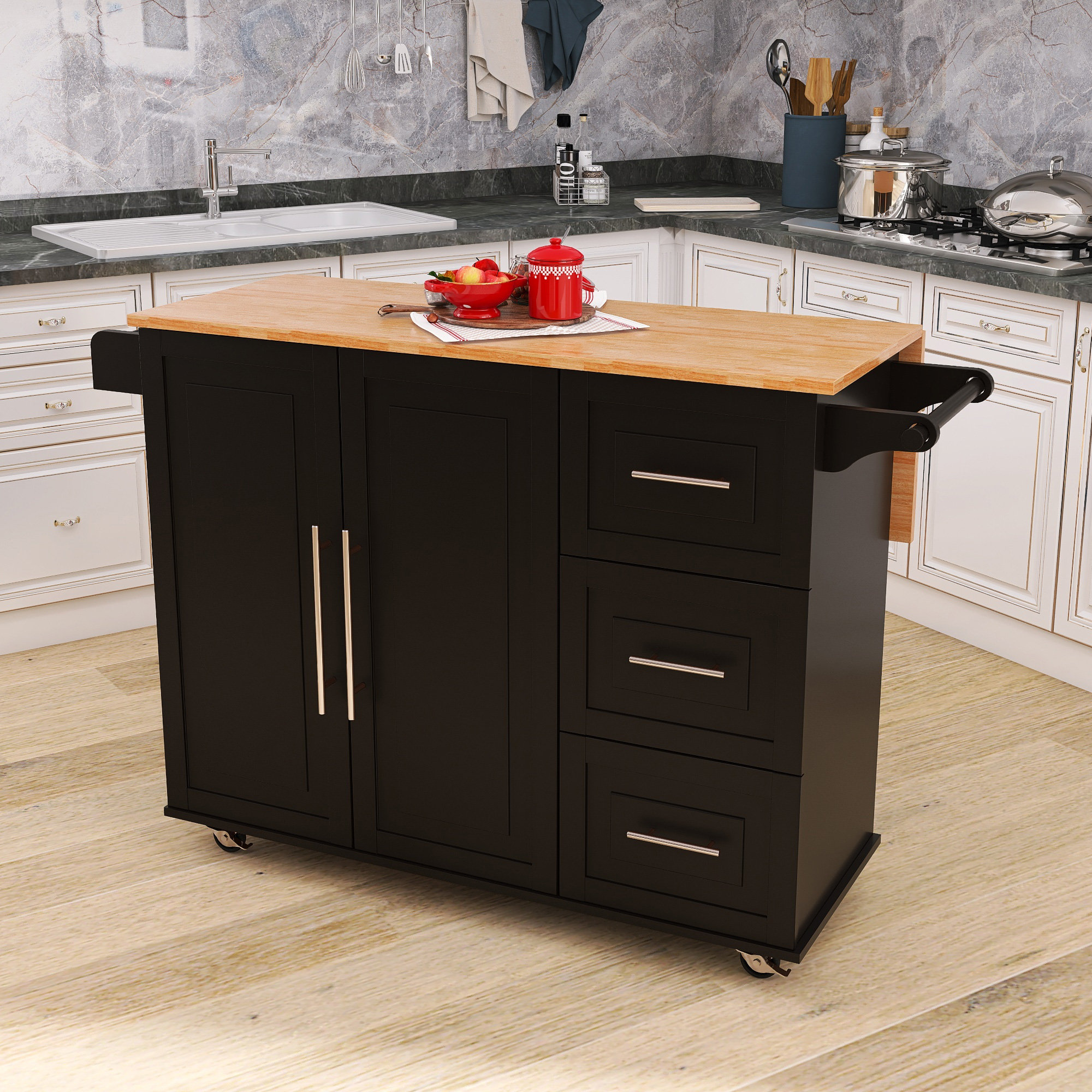 Îlot De Cuisine Mobile Pivotant Sweiko – Plan De Travail Extensible 112-180,5 Cm, 2 Tiroirs, 7 Roulettes, Blanc/noix - 4